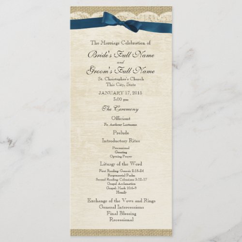 Vintage Lace and Navy Blue Bow Wedding Program
