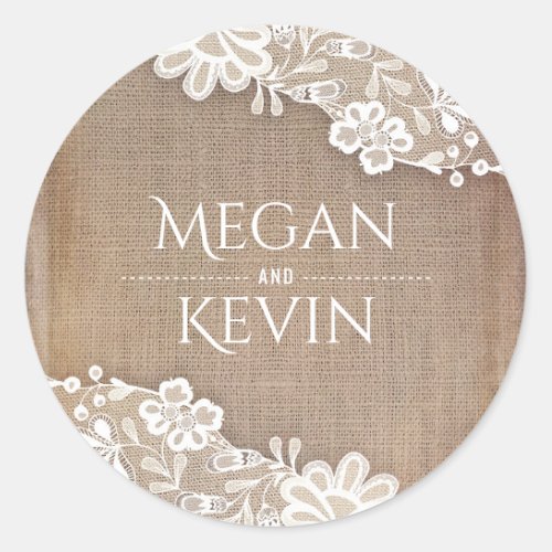 Vintage Lace and Rustic Burlap Wedding Classic Round Sticker