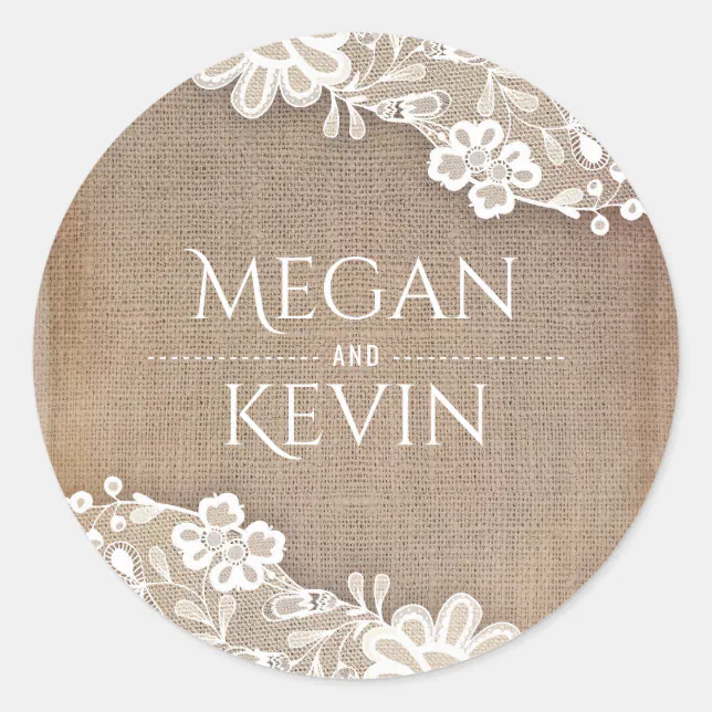Vintage Lace and Rustic Burlap Wedding Classic Round Sticker | Zazzle