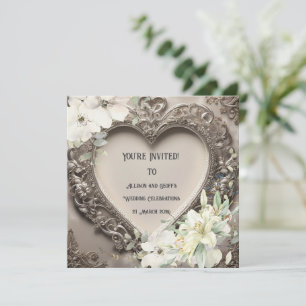 Vintage Lace and Silver Heart Wedding Invitation