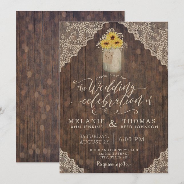 Vintage Lace and Sunflowers Wedding Invitations (Front/Back)