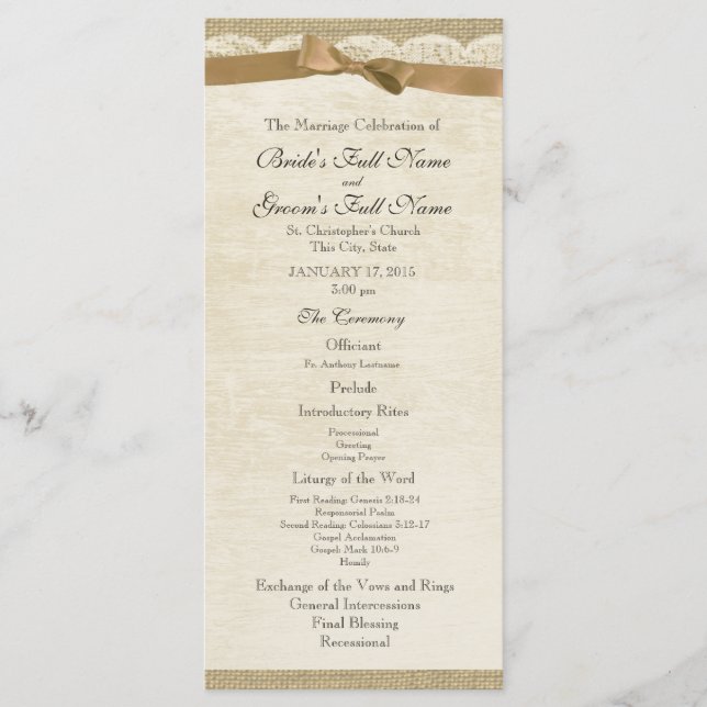 Vintage Lace and Tan Bow Wedding Program (Front)