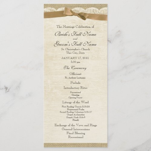 Vintage Lace and Tan Bow Wedding Program
