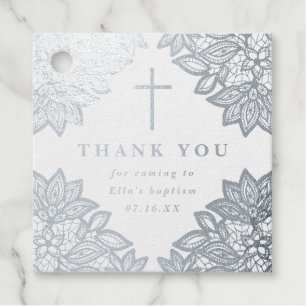 Vintage lace baptism thank you foil favor tags
