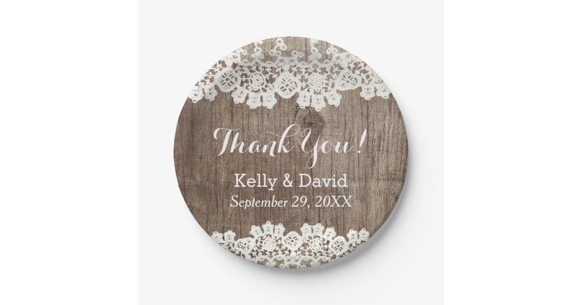 Vintage Lace Barn Wood Rustic Wedding Thank You Paper Plates | Zazzle