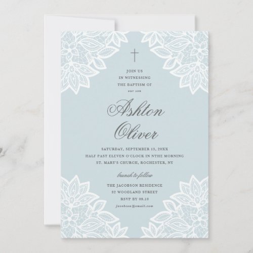 Vintage Lace Blue Religious Baptism  Christening Invitation