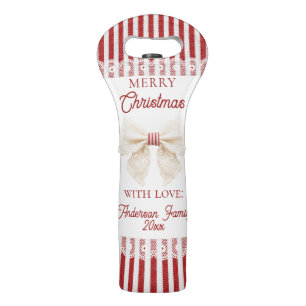 Vintage Lace Bow Retro Red Stripes Christmas Party Wine Bag