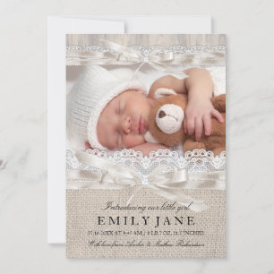 Vintage Lace & Bow Rustic Photo Birth Announcement