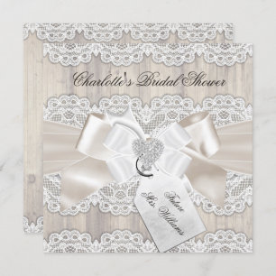 Vintage Lace Bow & Rustic Wood Bridal Shower Invitation