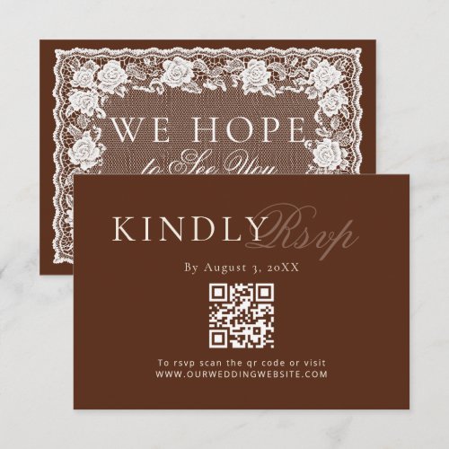 Vintage Lace Brown Old Money Wedding QR Code RSVP Card