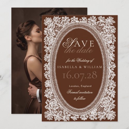 Vintage Lace Brown Photo Old Money Save the date Invitation