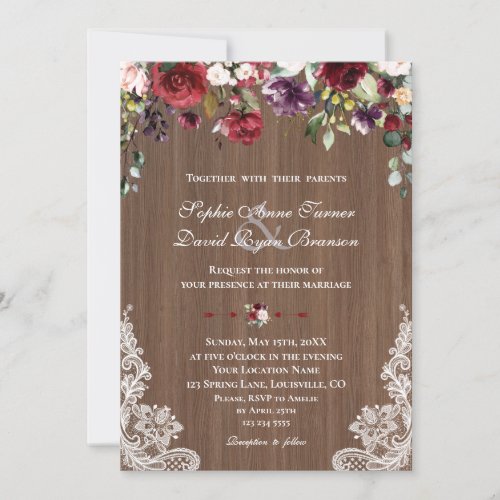 Vintage Lace Burgundy Blush Flowers Wood Wedding Invitation