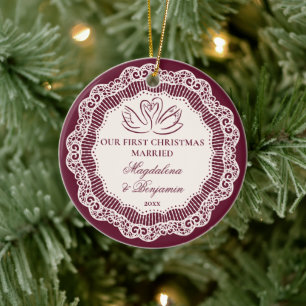 Vintage Lace Burgundy Swan 1st Christmas Married Ceramic Ornament