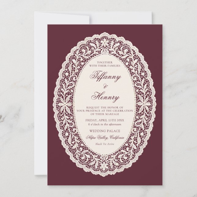 Vintage Lace Burgundy Wedding Invitation (Front)