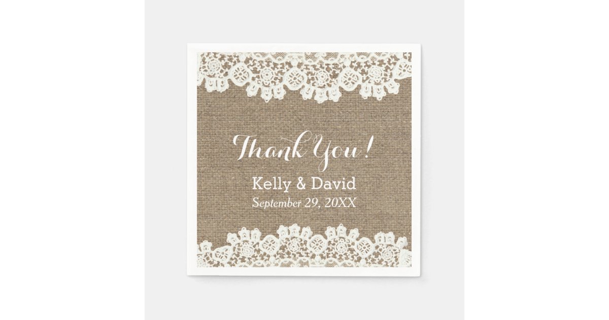Vintage Lace & Burlap Rustic Wedding Thank You Paper Napkins | Zazzle