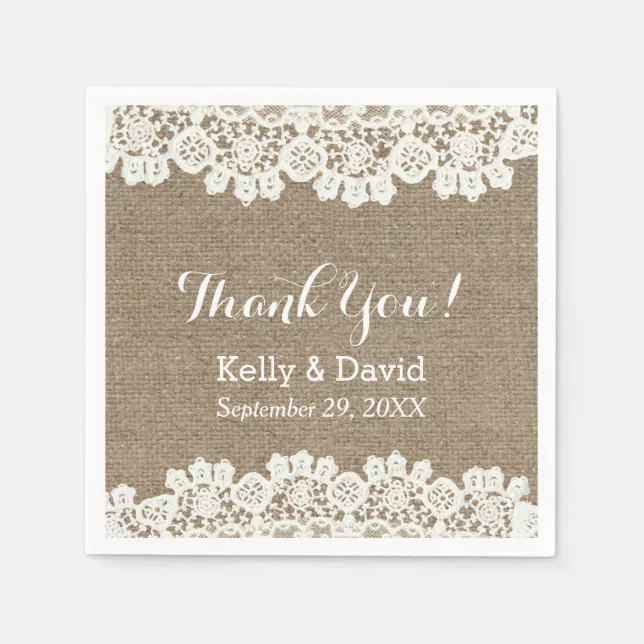 Vintage Lace & Burlap Rustic Wedding Thank You Paper Napkins | Zazzle