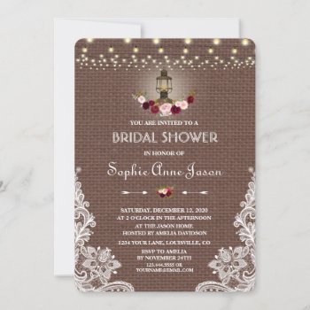 Vintage Lace Burlap String Lights Bridal Shower Invitation by Go4Wedding at Zazzle