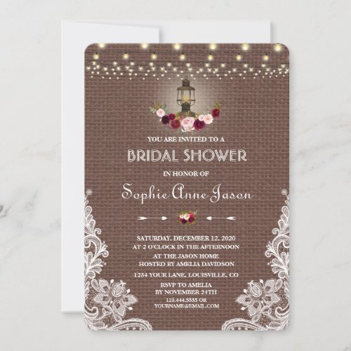 Vintage Lace Burlap String Lights Bridal Shower Invitation