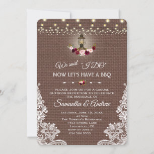 Vintage Lace Burlap String Lights Wedding I DO BBQ Invitation