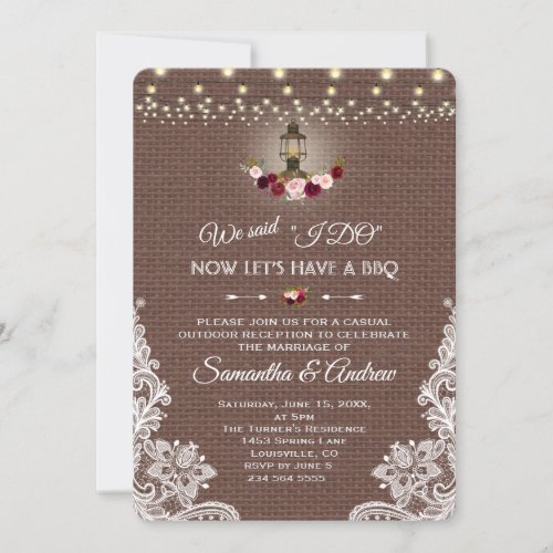 Vintage Lace Burlap String Lights Wedding I DO BBQ Invitation