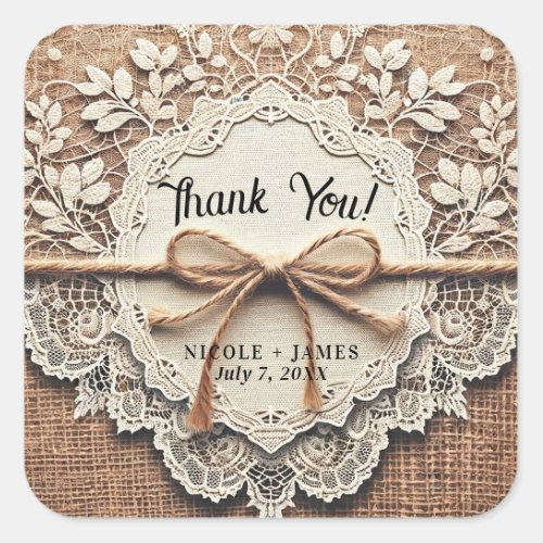 Vintage Lace  Burlap Twine Rustic Wedding Square Sticker