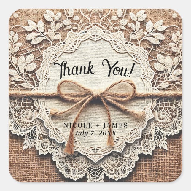 Vintage Lace & Burlap Twine Rustic Wedding Square Sticker (Front)