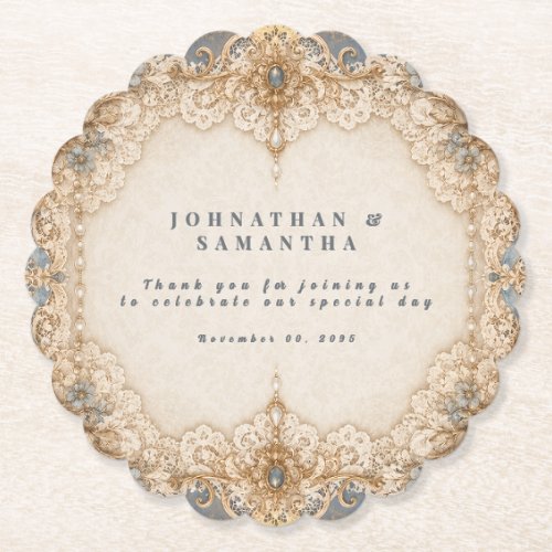 Vintage lace country wedding ivory taupe paper coaster