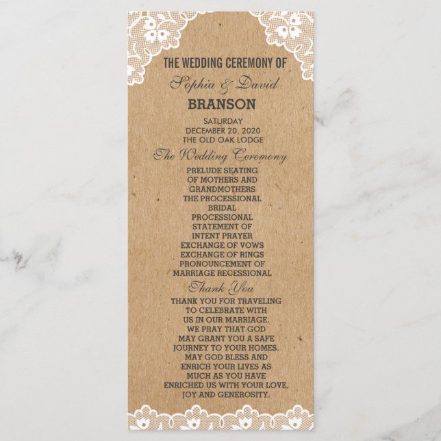 Vintage Lace Craft Paper Wedding Custom Program (Front)