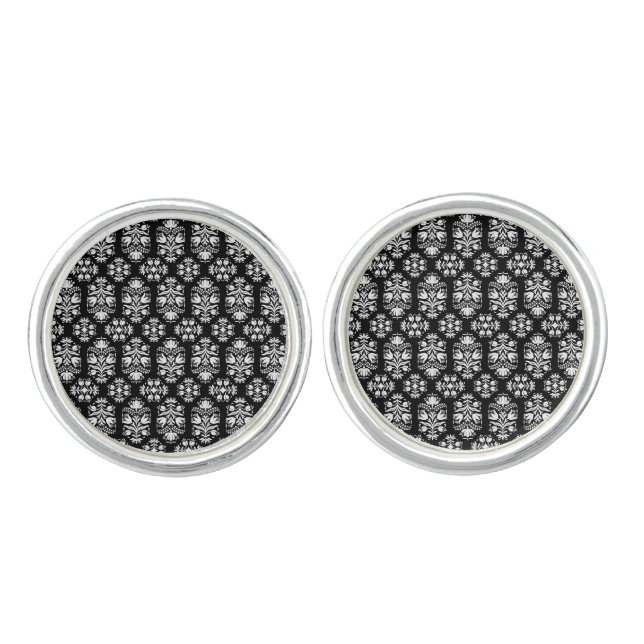 Vintage Lace Damask Elegant Black and White Cufflinks (Front)