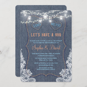Vintage Lace Denim Blue String Lights I DO BBQ Invitation