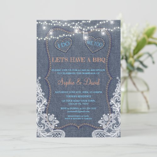 Vintage Lace Denim Blue String Lights I DO BBQ Invitation