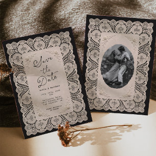Vintage Lace Doily Black Save the Date Invitation