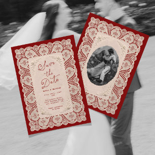 Vintage Lace Doily Burgundy Save the Date Invitation