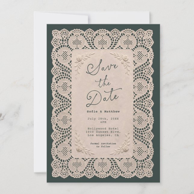 Vintage Lace Doily Green Save the Date Invitation (Front)
