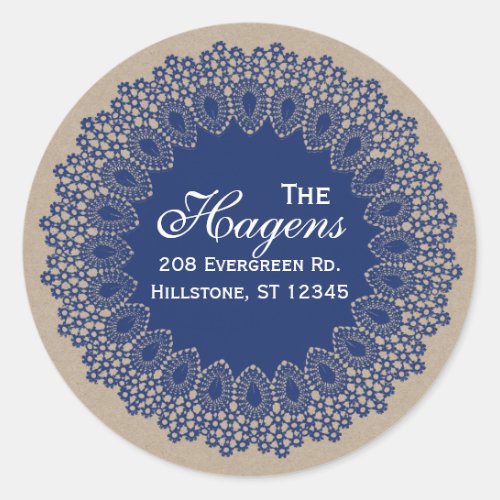 Vintage Lace Doily Return Address Round Label Navy