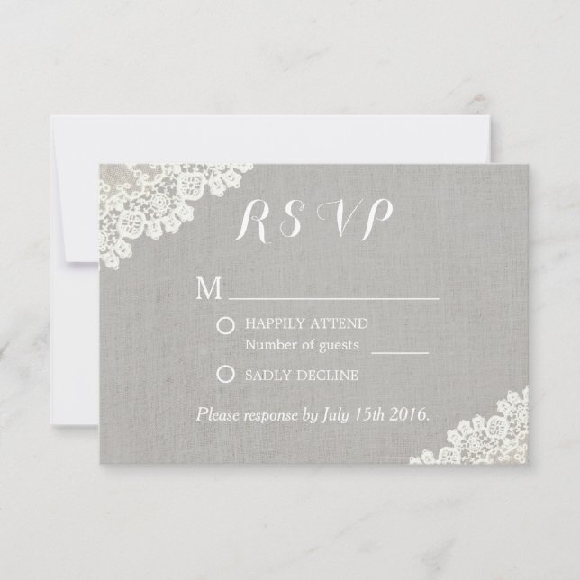 Vintage Lace Elegant Linen Rustic Wedding RSVP Card (Front)