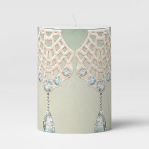 Vintage lace embroidery teal rhinestones victorian pillar candle