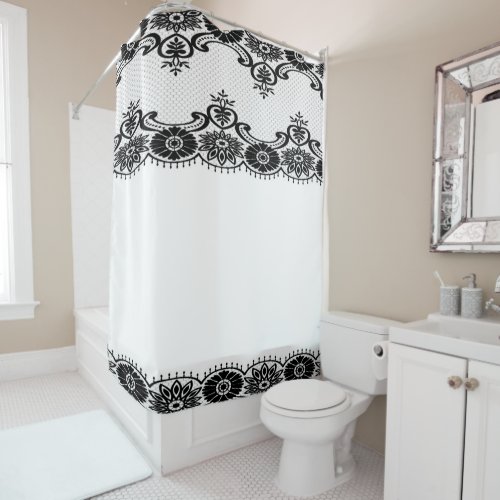  Vintage Lace _Floral_Blk  White Classic Shower Curtain