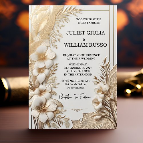 Vintage Lace Floral Gold Foil Embossed Wedding Invitation