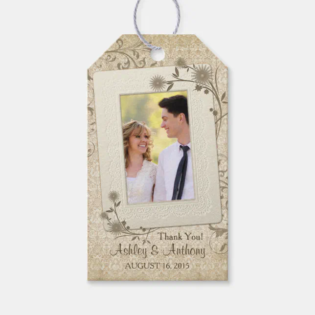 Vintage Lace Floral Photo Wedding Thank You Gift Tags | Zazzle