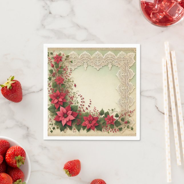 Vintage Lace Floral Poinsettia Frame Decoupage Napkins (Insitu)
