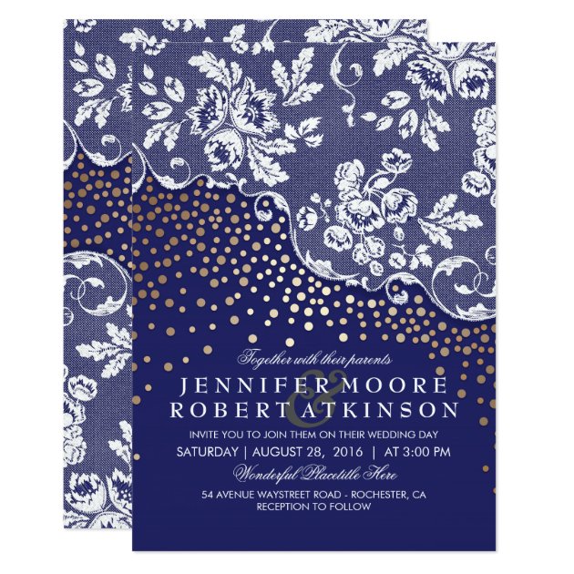 Vintage Lace Gold Confetti Lights Navy Wedding Invitation