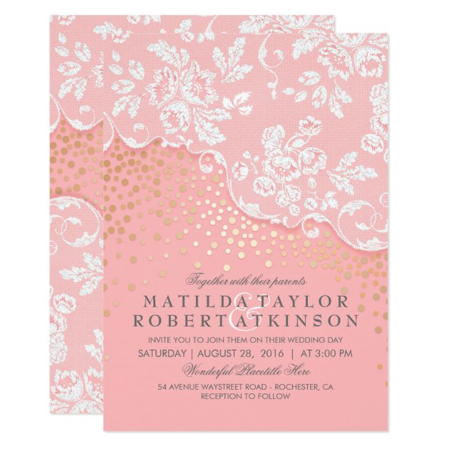 Vintage Lace Gold Confetti Pink Wedding Invitation