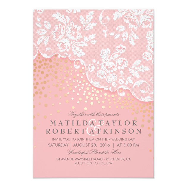 Vintage Lace Gold Confetti Pink Wedding Invitation