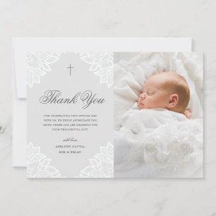 Vintage Lace Grey Baptism Thank You Note Card
