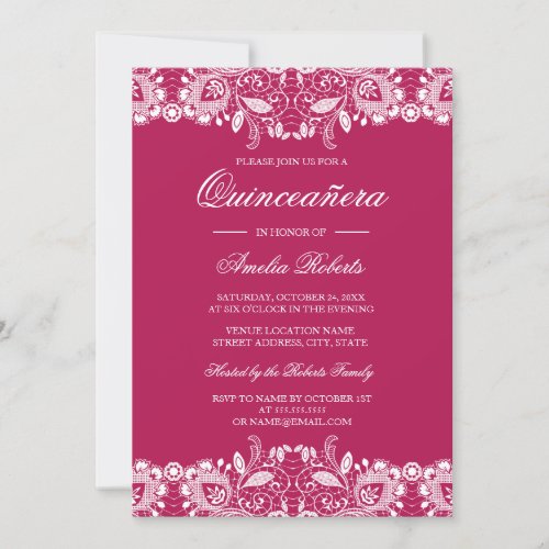 Vintage Lace Hot Pink Quinceanera Invitation