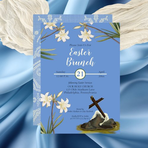 Vintage Lace  Lilies  Rugged Cross Easter Brunch Invitation