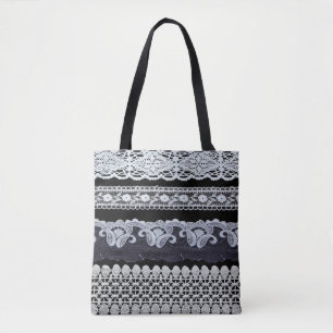 Vintage lace line, ornamental flowers (real lace) tote bag