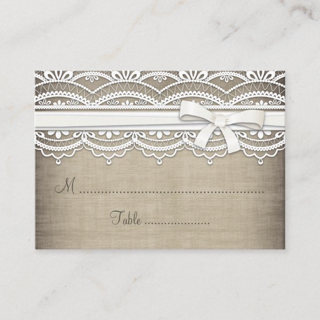Vintage Lace & Linen Rustic Table Seating Cards (Front)