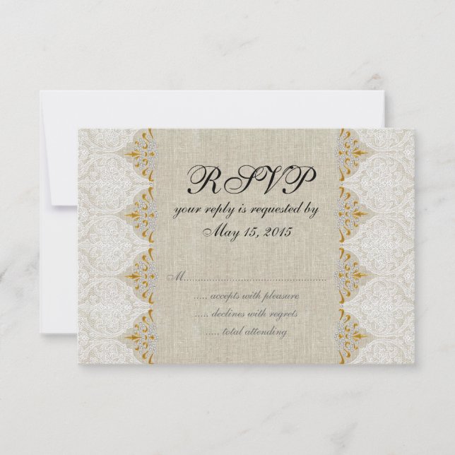 Vintage Lace Linen Rustic Wedding RSVP Card (Front)